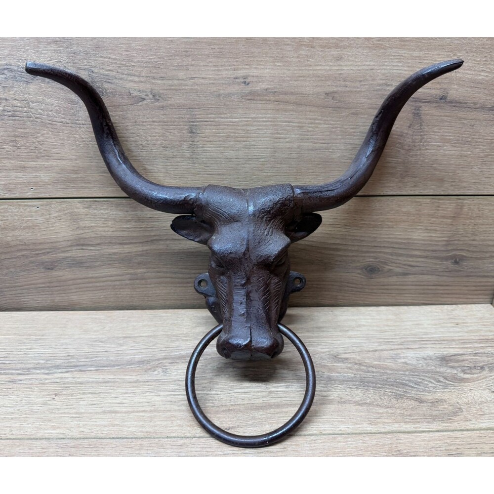 Vintage Cast Iron Longhorn Steer Door Knocker Towel Holder Wall Decor - Heavy